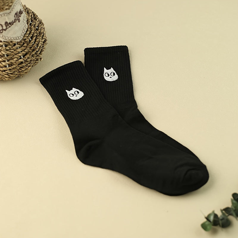 3 Pairs Cartoon Cat Print Socks Comfy & Mid Tube Socks Women's Stockings