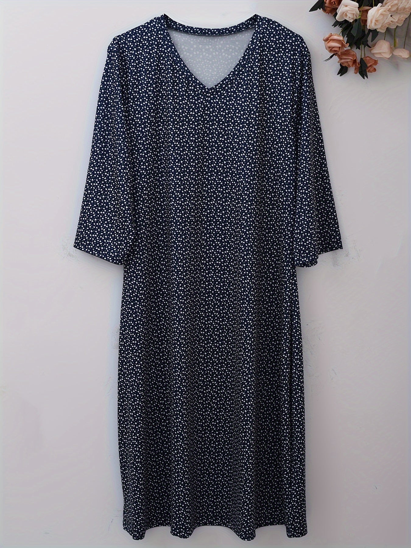 Allover Print V Neck Loose Fit Dress