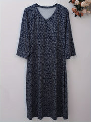 Allover Print V Neck Loose Fit Dress