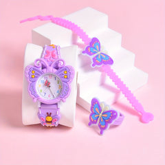 3pcs 3D Cartoon Butterfly Silicone Strap Girls' Watch