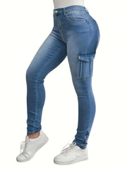 Cargo Pants Slim Fit Mid Stretch Side Zip Casual Skinny Jeans