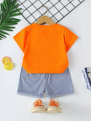 Boys Cartoon Whale Casual Outfit Round Neck T shirt & Striped Shorts