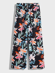 Girls Flower Print Wide Leg Pants Loose Casual
