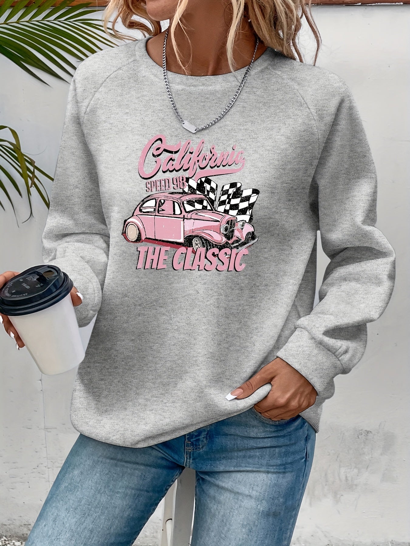 Racing Print Pullover Sweatshirt Long Sleeve Crew Neck