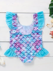 Baby Girls Mermaid Print Swimsuit Ruffle Sleeve