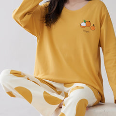 Cartoon Print Pajama Set Long Sleeve Crew Neck Top & Elastic Waistband Pants