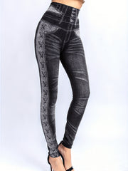 Denim Print Skinny Leggings Casual High Waist Stretchy Leggings