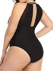 Colorblock Striped Mesh High Neck One Piece Swimsuit