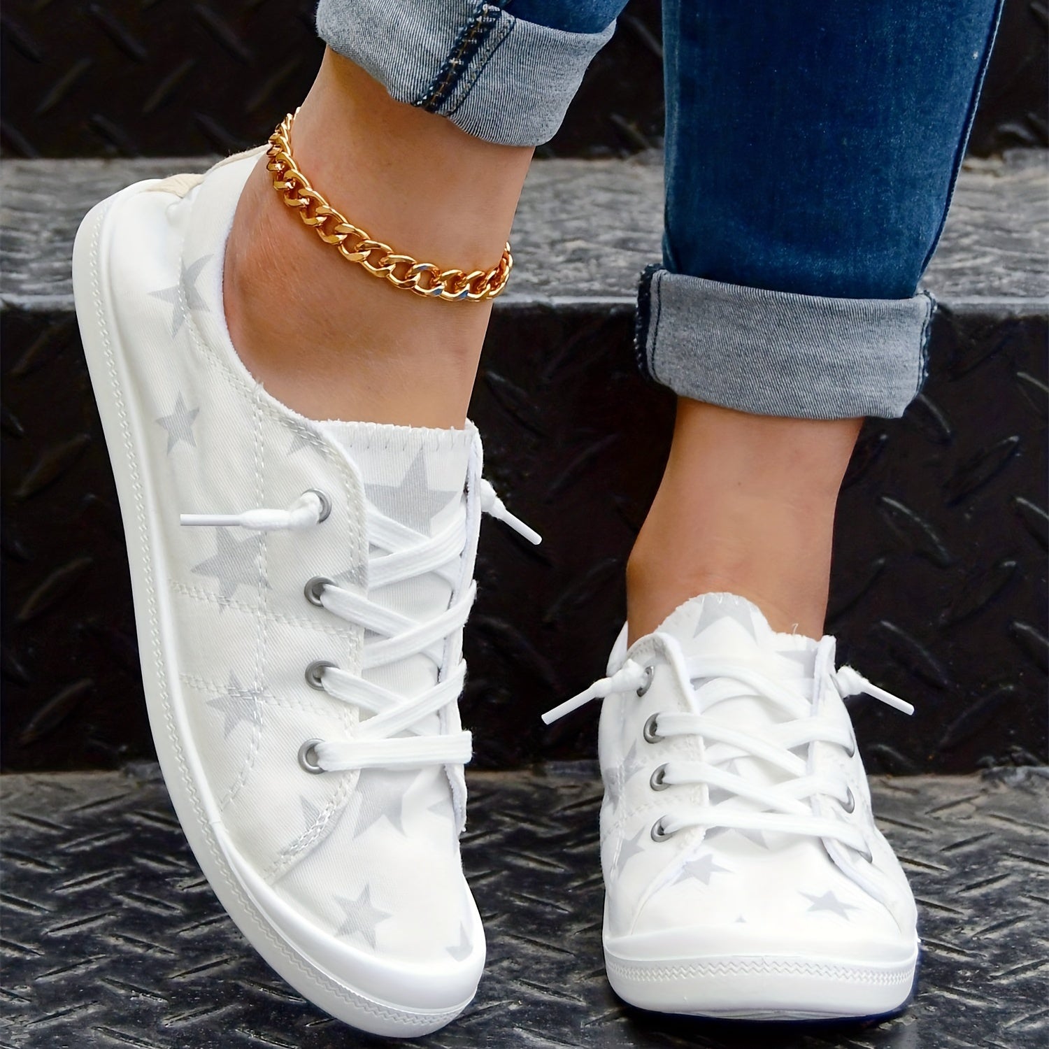 Star Pattern Skate Shoes Lace Up Lightweight Running Shoes Women's