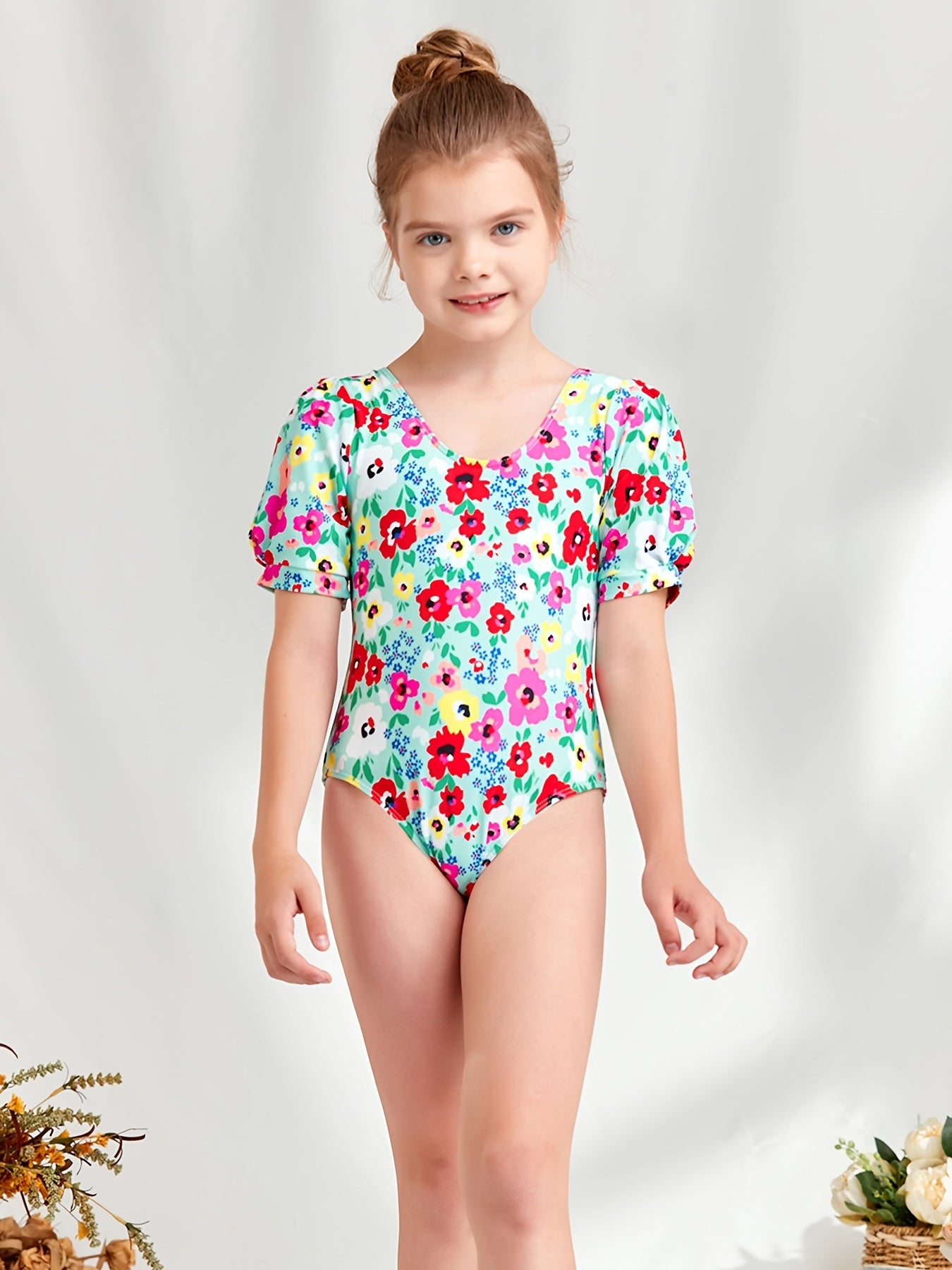Girls Short Puff Sleeve Flowers Swimsuit Kids Beach Clothes Bathing Suits