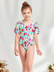 Girls Short Puff Sleeve Flowers Swimsuit Kids Beach Clothes Bathing Suits