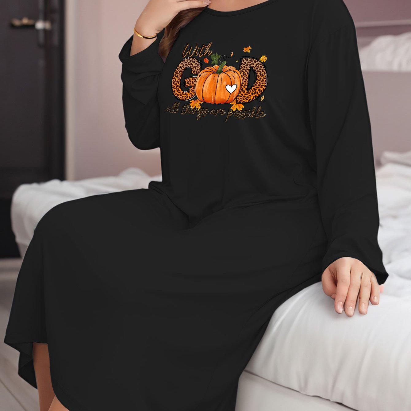 Pumpkin & Slogan Print Long Sleeve Nightdress