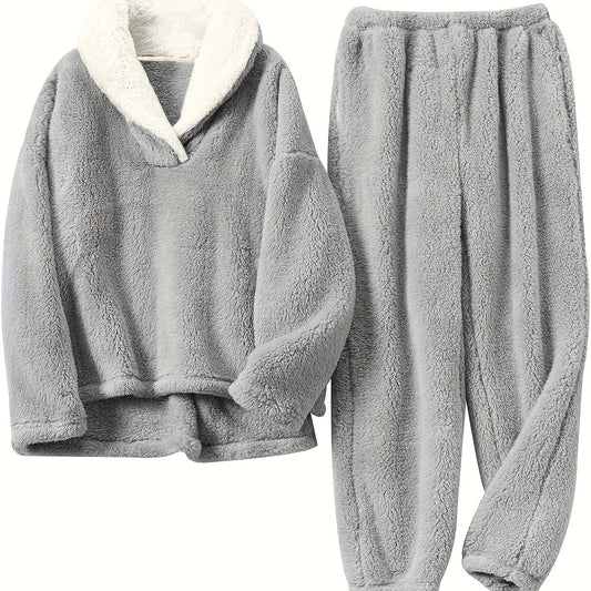 Cozy Thermal Flannel Loungewear Set Long Sleeve Top & Pants