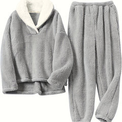 Cozy Thermal Flannel Loungewear Set Long Sleeve Top & Pants
