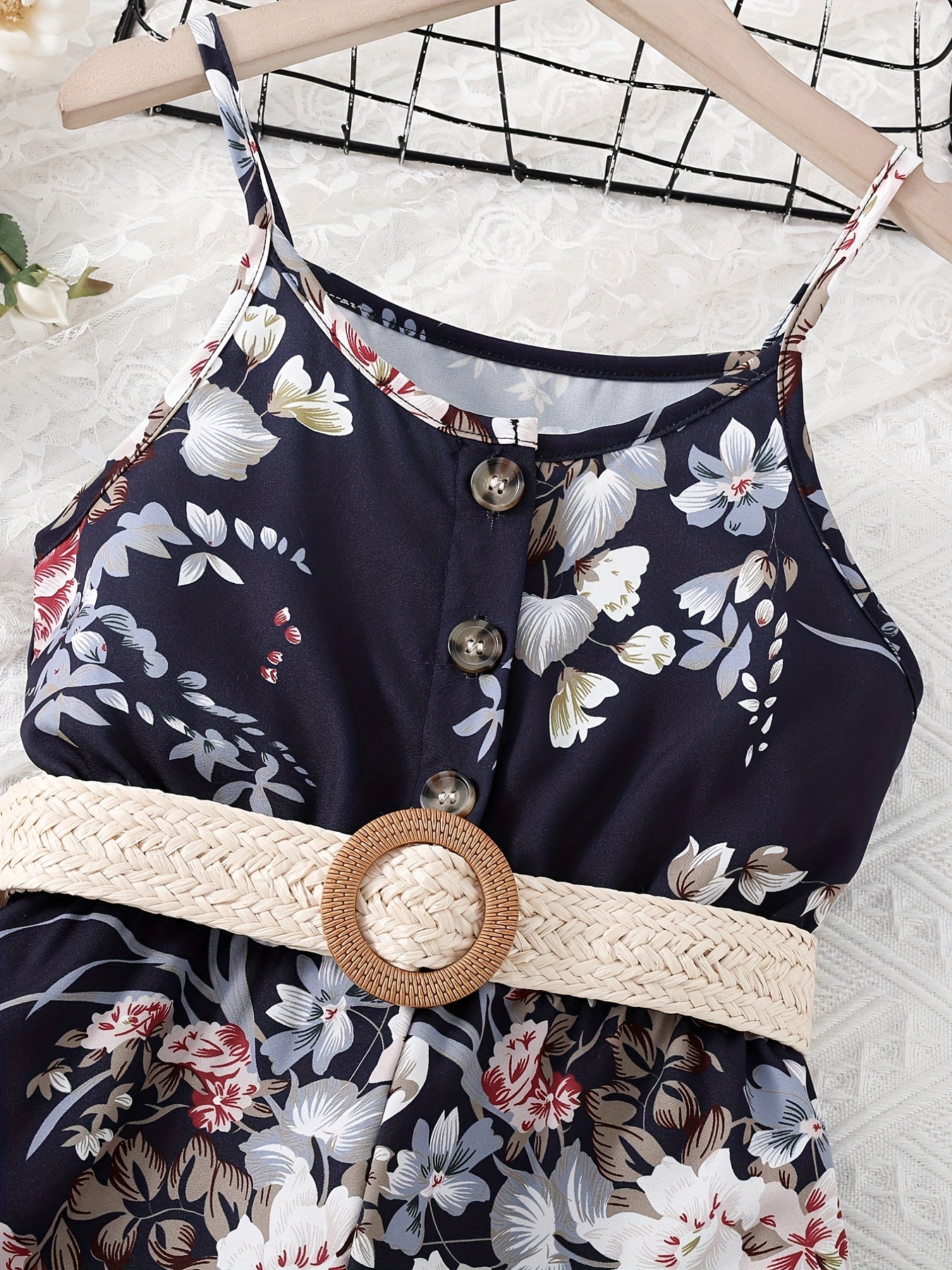 Girls Flowers Print Cami Jumpsuit Rompers With Belt