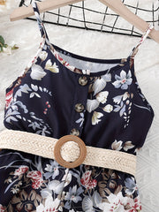 Girls Flowers Print Cami Jumpsuit Rompers With Belt