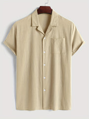 Men's Casual Short Sleeve Cotton Shirt Chest Pocket Summer Vacation Resort Tops