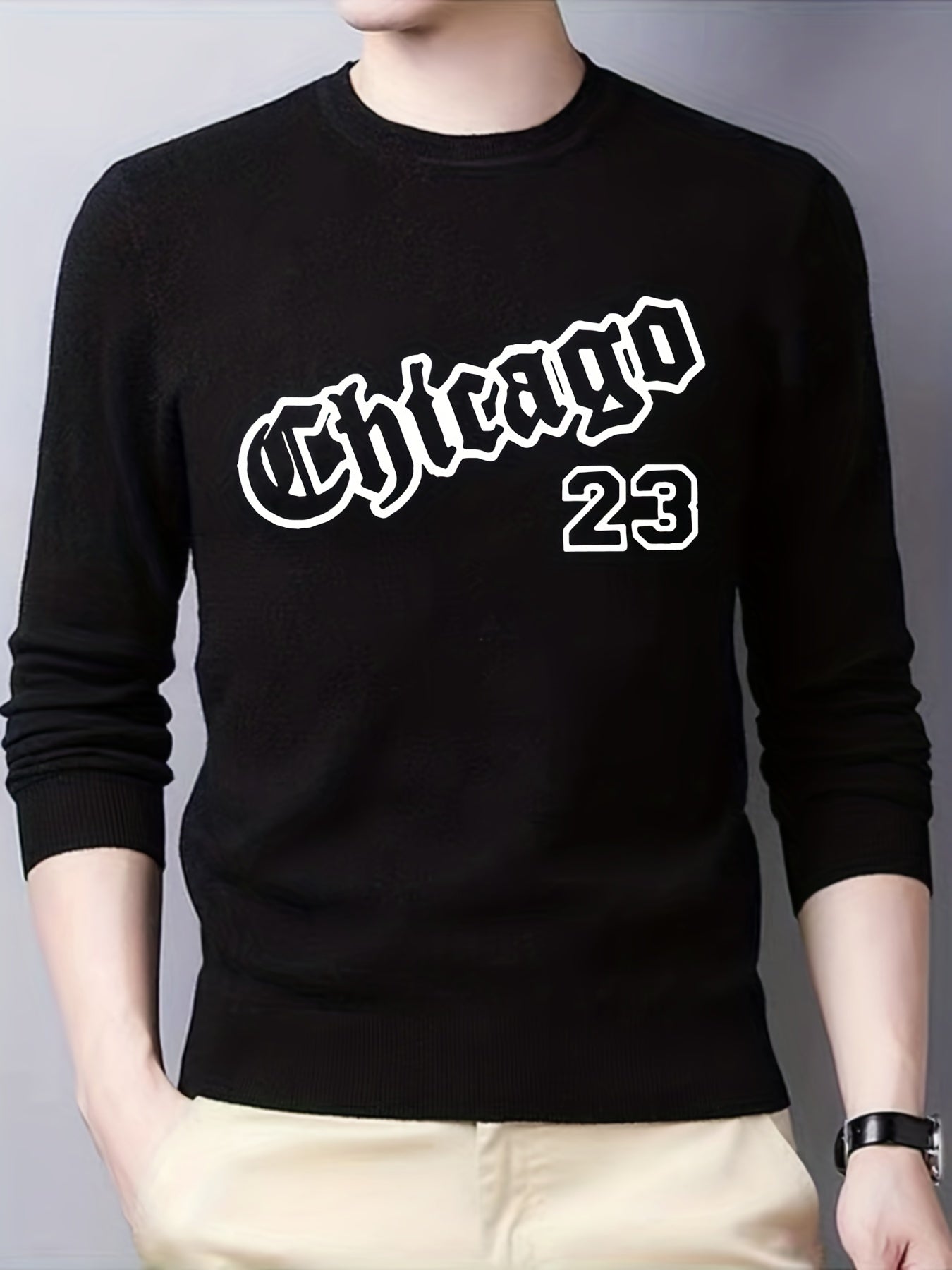 CHICAGO Print Knitted Sweater Men's Casual Warm Crew Neck Pullover
