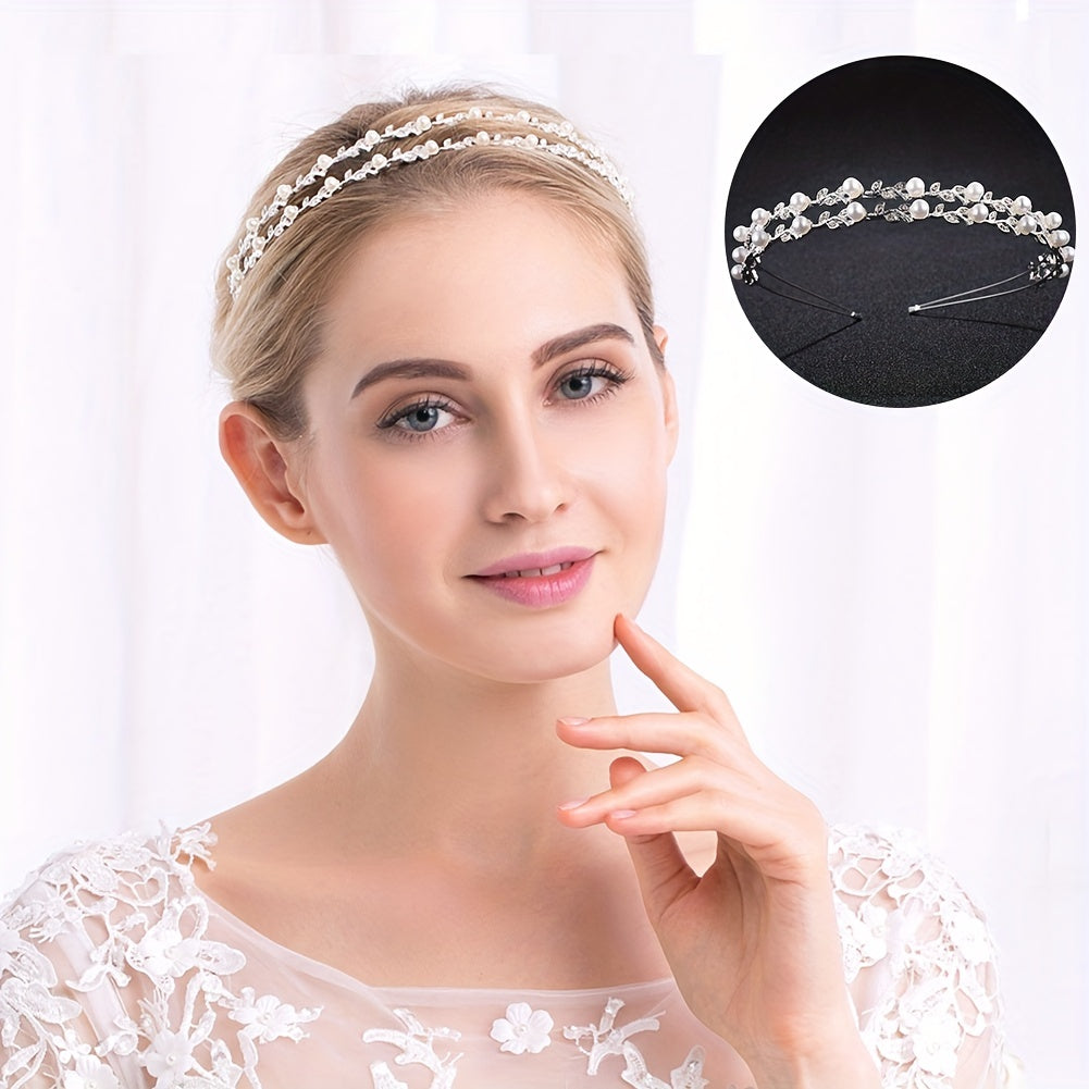 Pearl Rhinestone Headband Double Layer Hair Band Bridal Wedding Hair Access