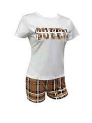 Queen Letter Print Tee & Plaid Shorts Set Casual Outfit