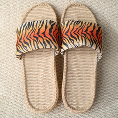 Women's Tiger Pattern Slide Sandals Linen Flat Shoes