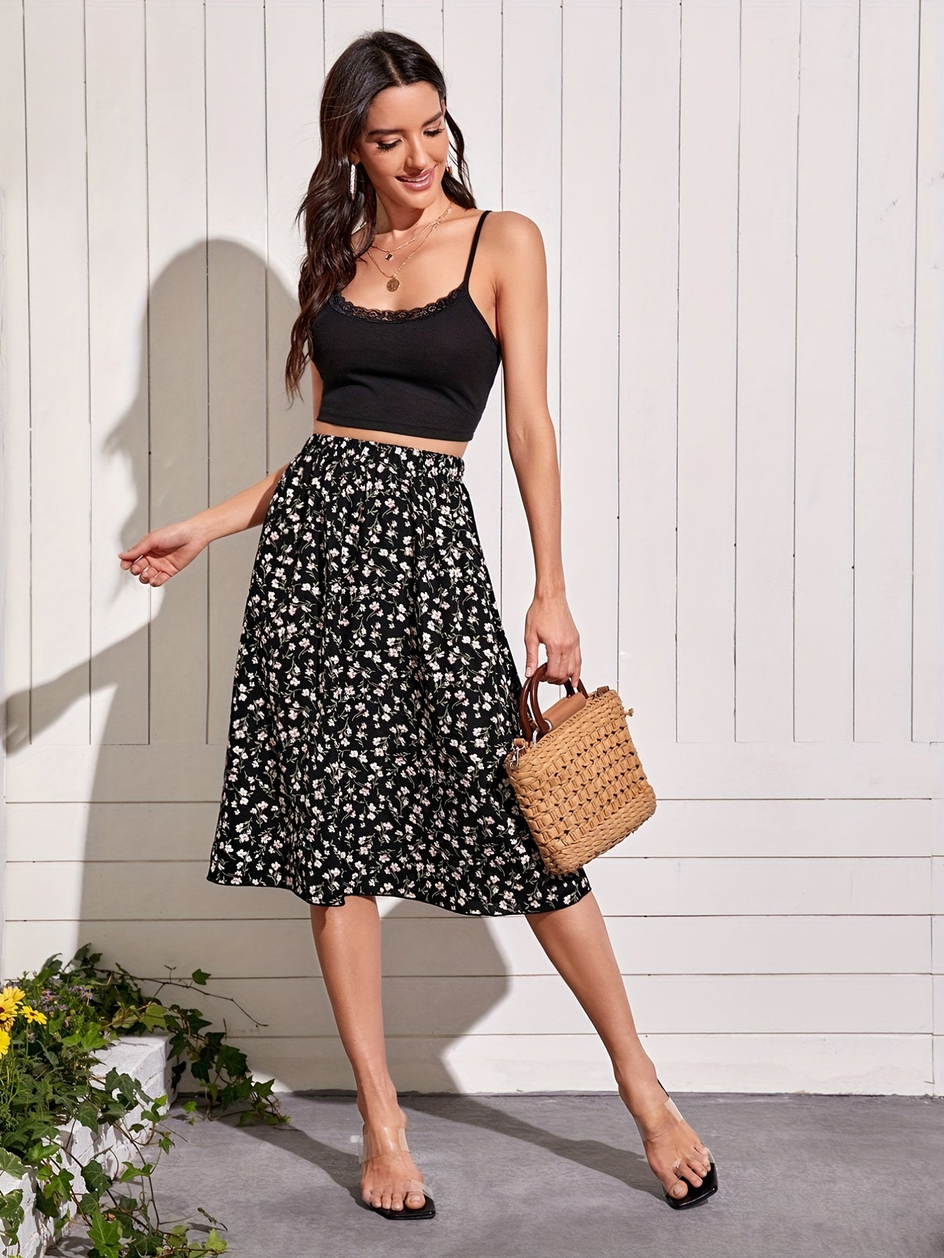 Floral Print Elastic Waist Midi Skirt for Women