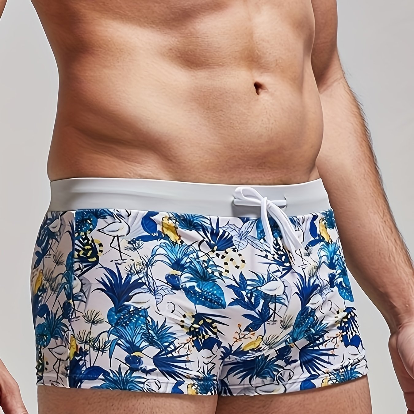 Men's Plants Print Drawstring Block Briefs for Beach Surfing