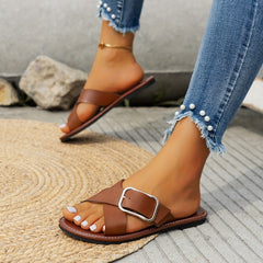Women's Cross Strap Flat Sandals Open Toe Buckle Casual Slides