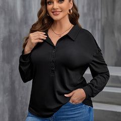 Casual Blouse Women's Plus Solid Long Sleeve Polo Neck Blouse