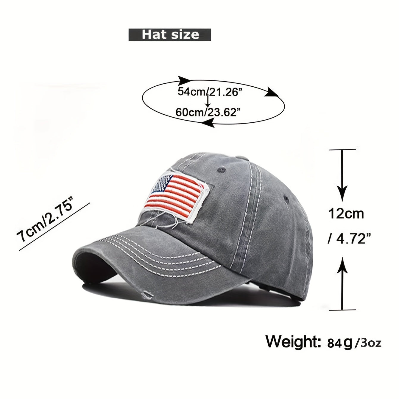 Ponytail Flag Patch Baseball Cap Gray Washed Distressed Lightweight Sun Hat