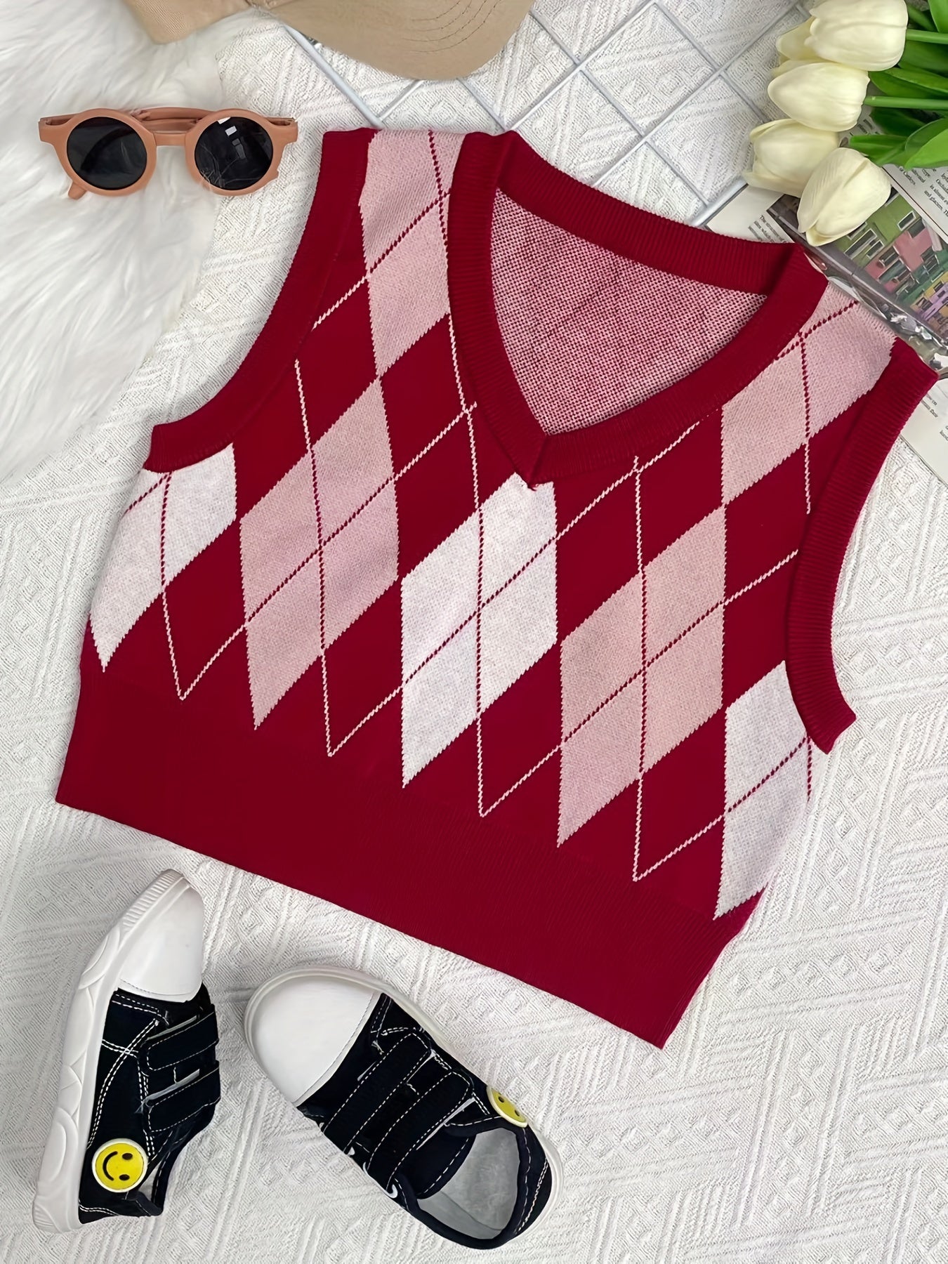 Boys Retro College Style V Neck Knitted Sleeveless Sweater Vest