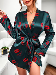 Women's Lips Print Lounge Robe Long Sleeve V Neck Home Robe