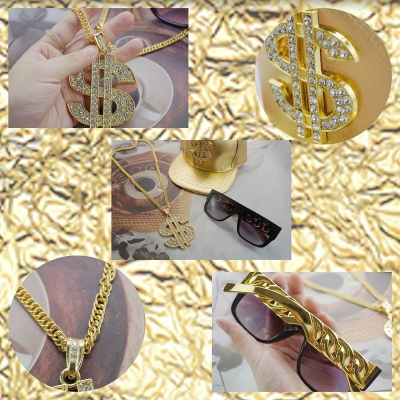 3pcs Hip Hop Costume Set Rapper Hat Sunglasses Dollar Sign Pendant Necklaces