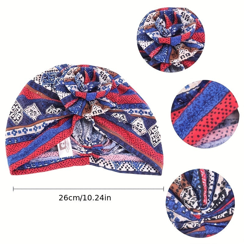 Boho Flower Decor Turban Cap Printed Bonnet Head Wrap Scarf Beanie