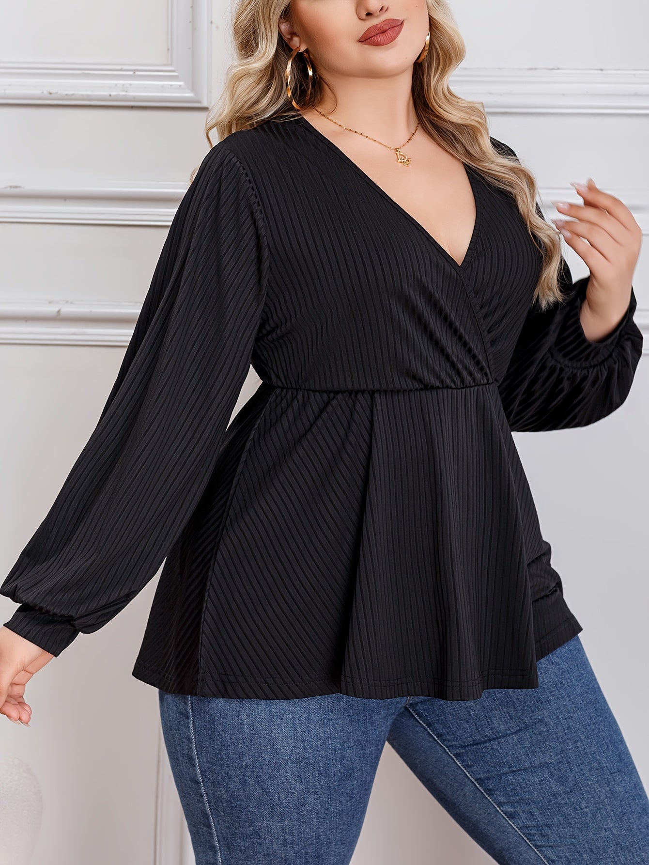 Lantern Sleeve Ribbed Blouse