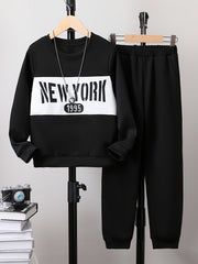 Boys 2pcs Sweatshirt & Sweatpants Set YORK Print Long Sleeve Top Casual Outfits