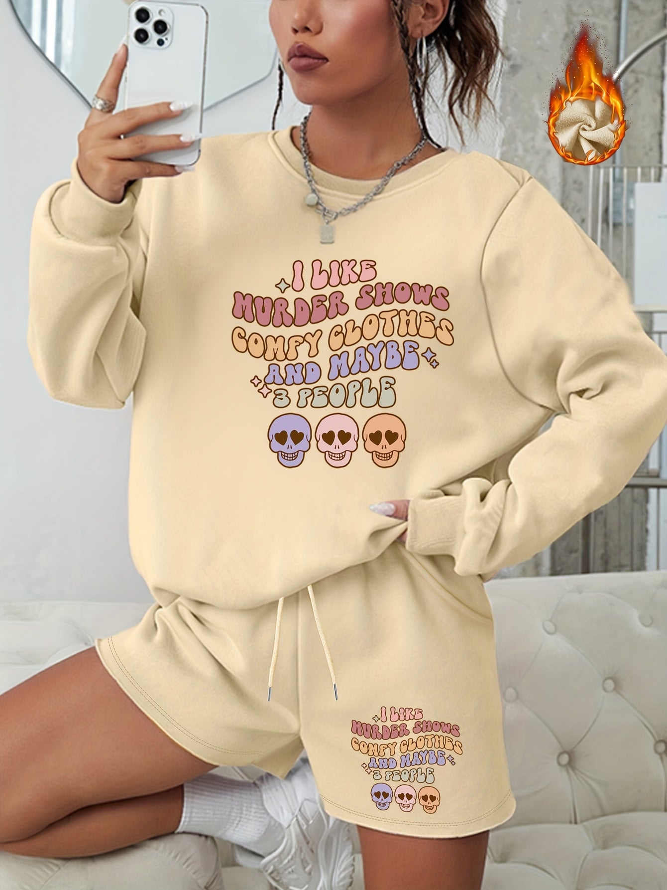 Women's Letter & Graphic Print 2pcs Set Sweatshirt & Shorts Outfit