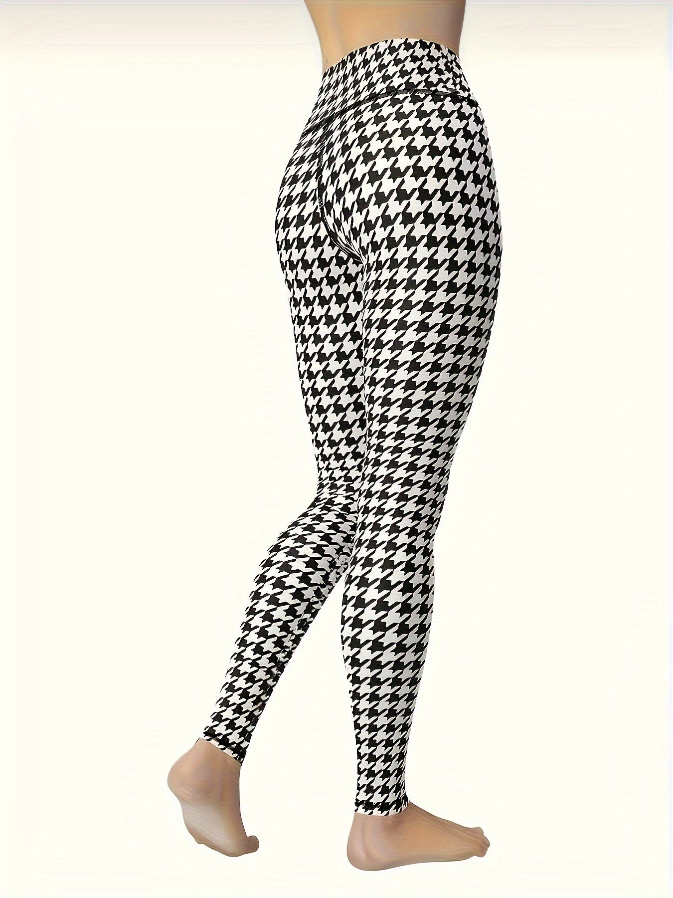 High Waist Houndstooth Print Yoga Pants Tummy Control