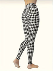 High Waist Houndstooth Print Yoga Pants Tummy Control