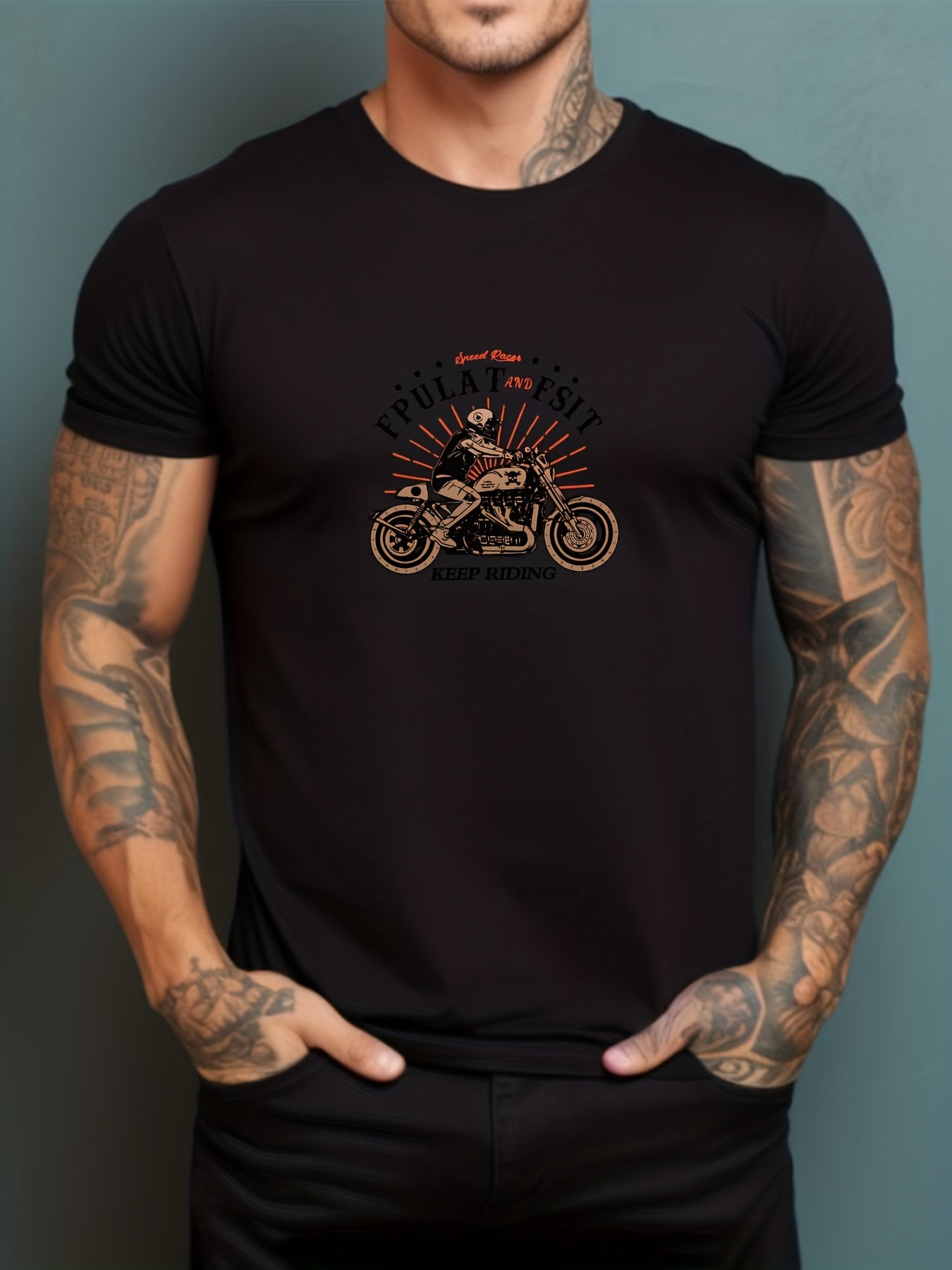 Biker & Dog Pattern Print Men's Comfy T shirt Graphic Tee Men's Outdoor Clothes