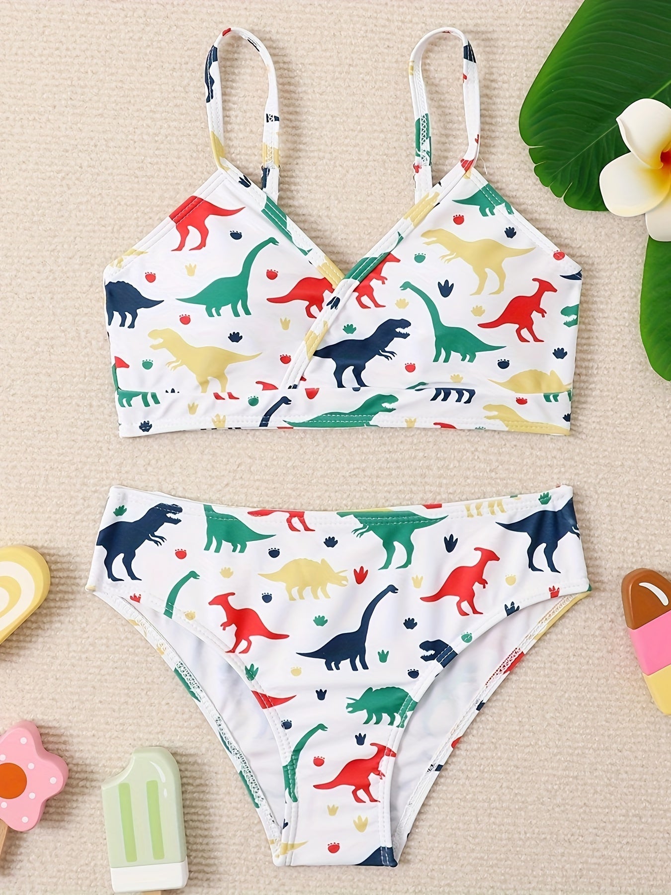 2pcs Dino Print Swimsuit Set For Girls