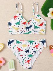 2pcs Dino Print Swimsuit Set For Girls