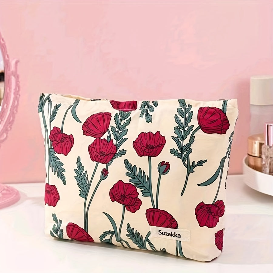 Red Floral Pattern Cosmetic Bag Corduroy Makeup Pouch