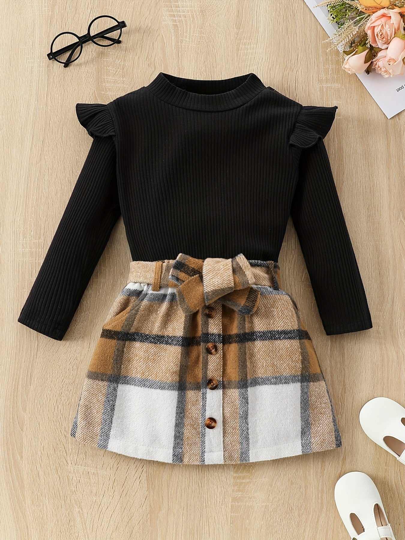 Girl's Ribbed Long Sleeve Top & Belted Skirt Set