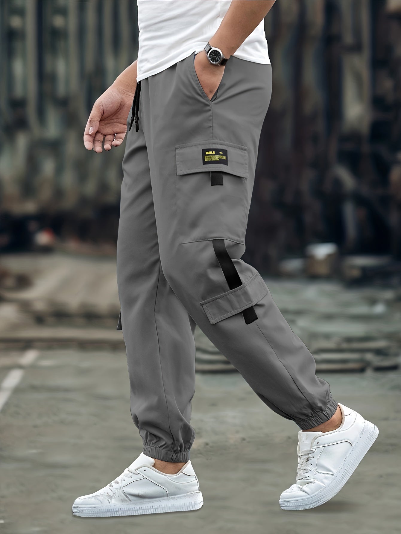 Men's Casual Cargo Pants Loose Fit Solid Drawstring Joggers