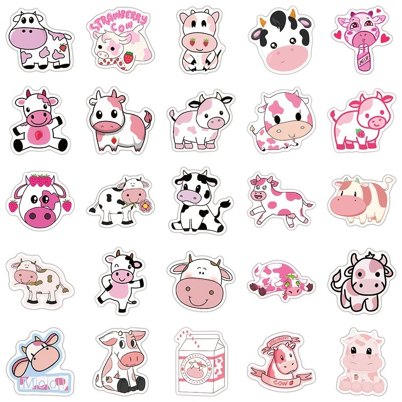 50-100 Pink Cow Stickers Stylistic Cartoon Waterproof Decorative Stickers