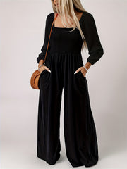 Solid Shirred Long Sleeve Wide Leg Jumpsuit