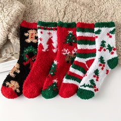 5 Pairs Cartoon Christmas Socks Women's Mid Tube Stockings Warm & Fuzzy