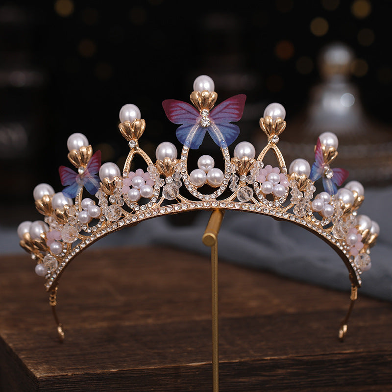 Baroque Faux Pearl Rhinestone Crown Tiara Butterfly Hairband