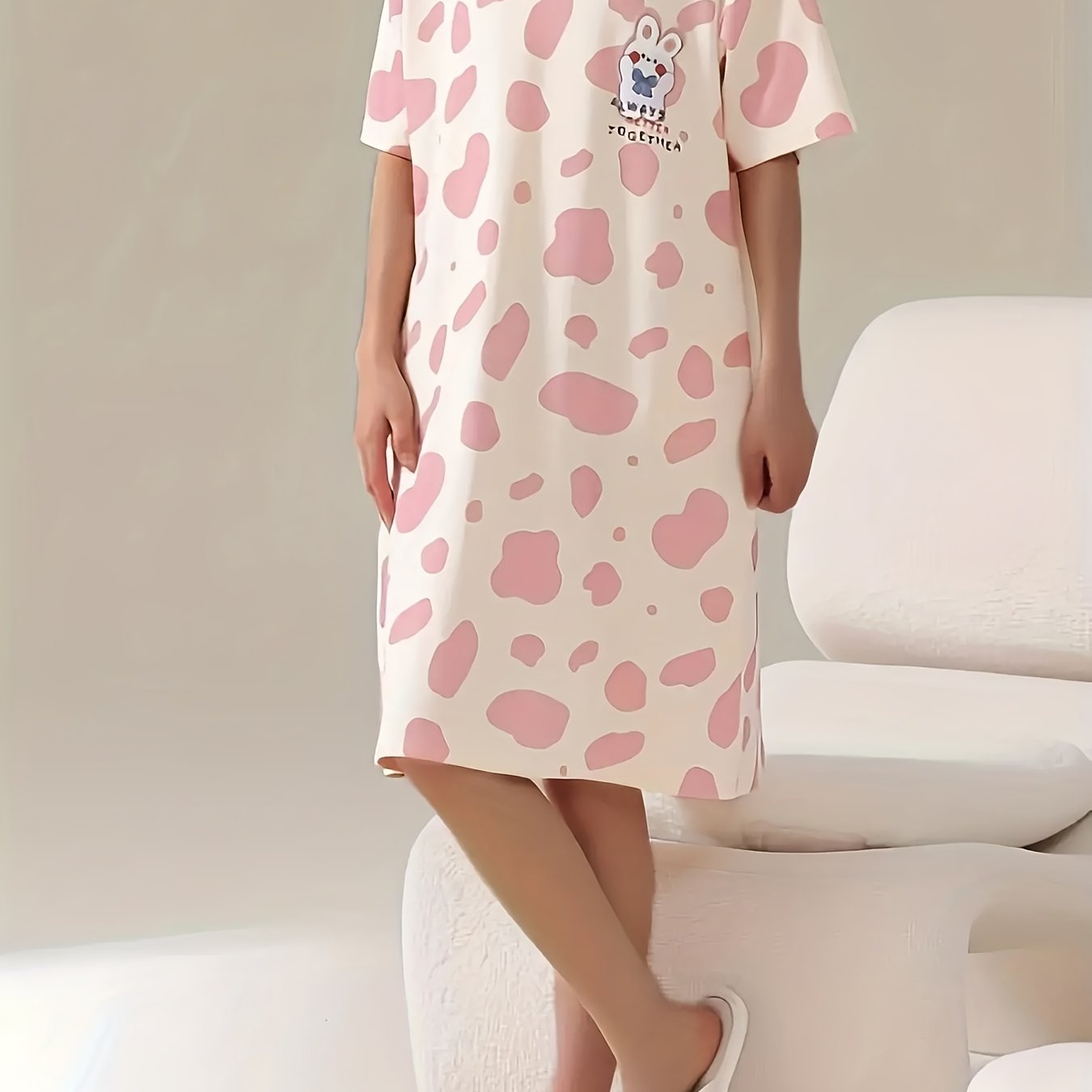 Bunny Print Lounge Dresses & Comfy Short Sleeve Home Dress Women's Loungewear